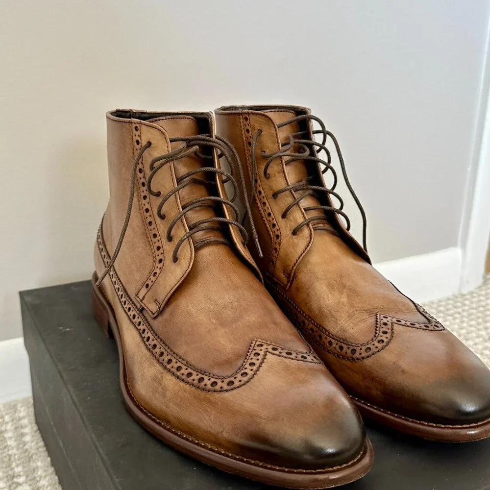 Johnston and Murphy Cartwright Wingtip Boot Size 10.5 Brown Italian Calfskin - Picture 2 of 6